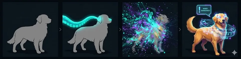 Summon transformation sequence: grey silhouette → tentacle touch → particles → living agent